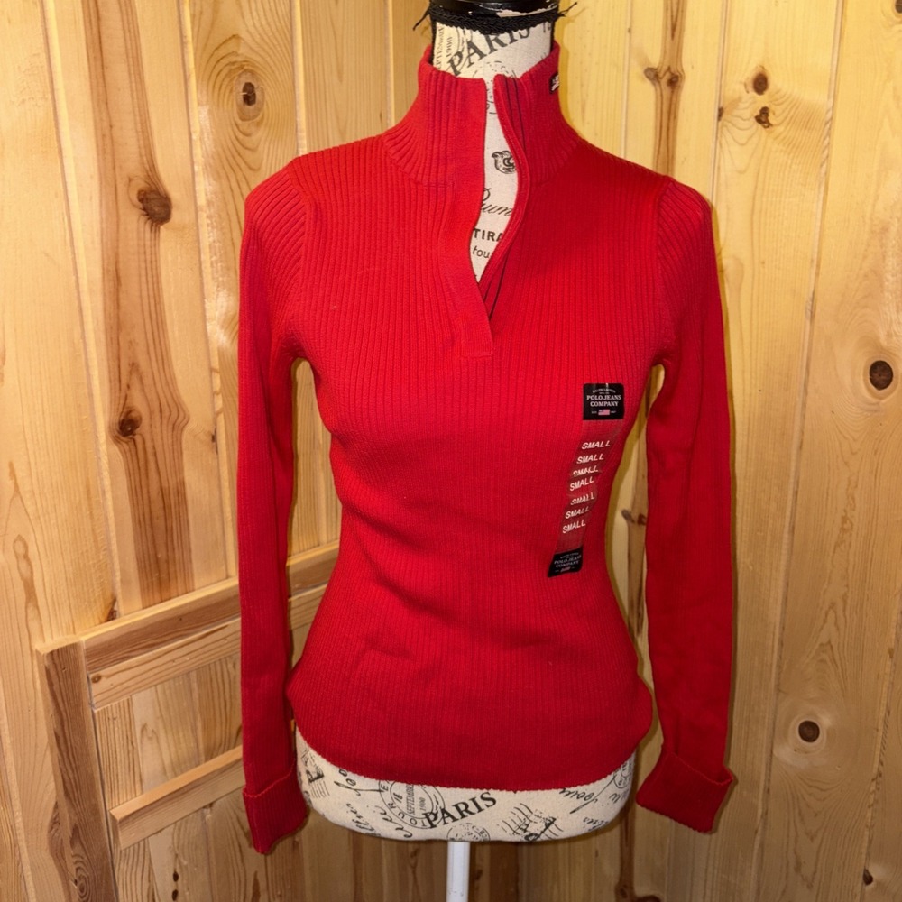 New Vintage 2003 Y2K Polo Jeans Company Ribbed Sweater Red Collegiate Nos